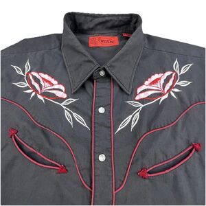 Vintage Western Pearl Snap Shirt Mens XL Gray Embroidered Red Rose Cowboy Rodeo